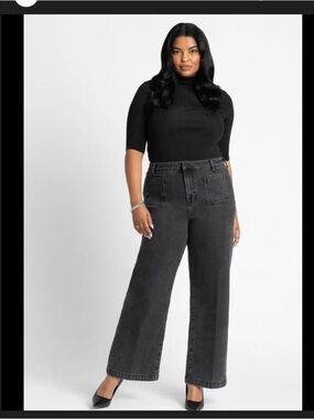 1822 Denim Black Wide-Leg Women’s Jeans with Front Patch Pockets